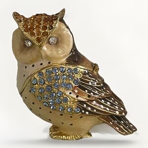 Hoot Owl Collectible Studded Box Trinket Pill Jewelry Box Enameled Crystals
